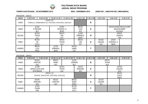 Jadual Waktu - Politeknik Kota Bharu