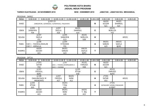 Jadual Waktu - Politeknik Kota Bharu