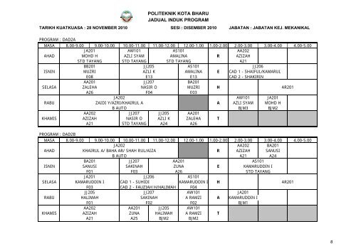 Jadual Waktu - Politeknik Kota Bharu