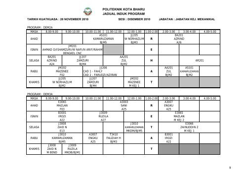 Jadual Waktu - Politeknik Kota Bharu