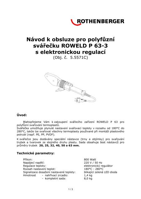 Návod k obsluze pro polyfůzní svářečku ROWELD P 63-3 ... - ESL, a.s.