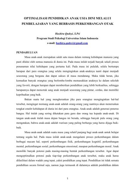 Optimalisasi Pendidikan Anak Usia Dini Melalui Pembelajaran Yang Berbasis Perkembangan Otak
