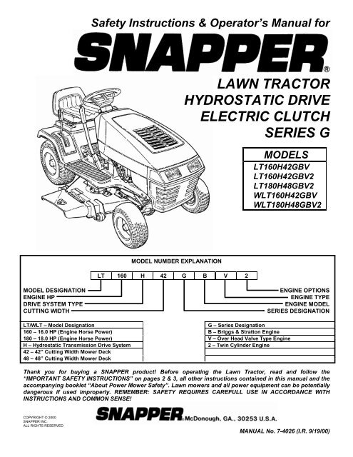 Snapper Lawn Tractor Hydrostatic Drive Electric Clutch Series G ...