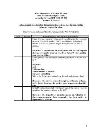 Actuarial Services RFP MED-07-028 Questions & Responses