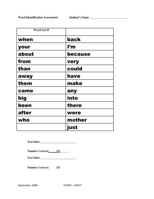 High Frequency Word List D & Data Recording Form - The Reading ...