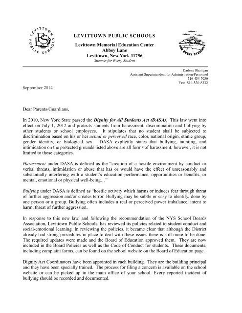 Dignity for All Students Act (DASA) Parent Letter - Levittown Public ...