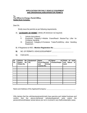 APPLICATION FOR DAILY VEHICLE - Haldia Dock Complex