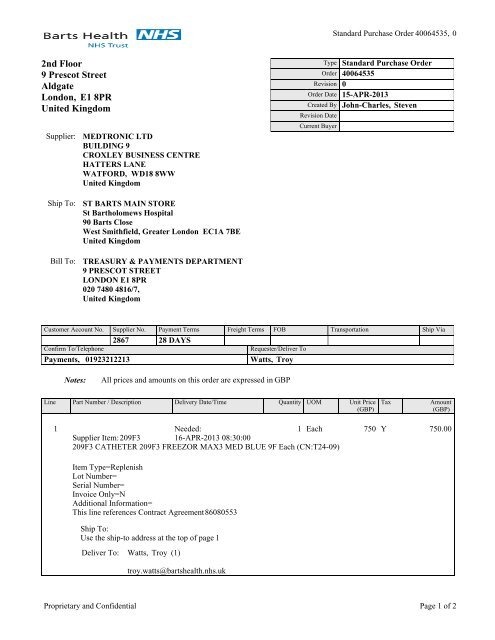 Purchase Order Format (Oracle Output) - Barts Health NHS Trust