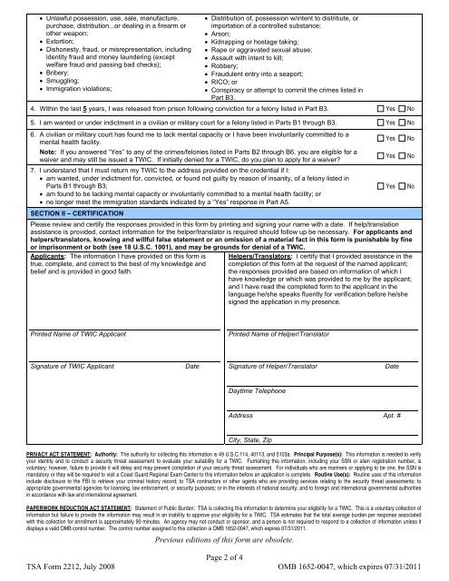 TWIC Disclosure and Certification Form - Transportation Security ...