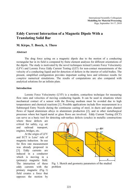 Eddy Current Interaction of a Magnetic Dipole with a Translating ...