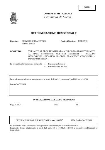 Determinazione Dirigenziale n 1724 del 26/5/09 - Comune di ...
