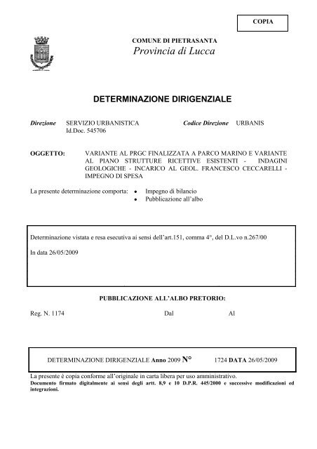 Determinazione Dirigenziale n 1724 del 26/5/09 - Comune di ...