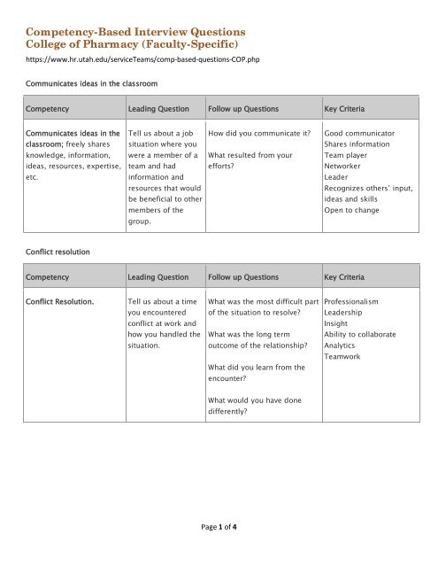 Competency-Based Interview Questions College of Pharmacy ...