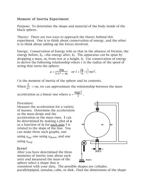 Moment of Inertia Experiment Purpose: To determine the shape and ...