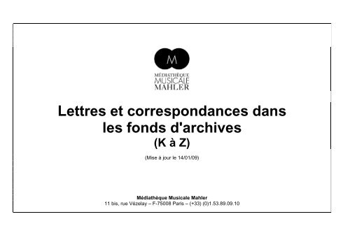 tableau lettres K-Z - MÃ©diathÃ¨que Musicale Mahler