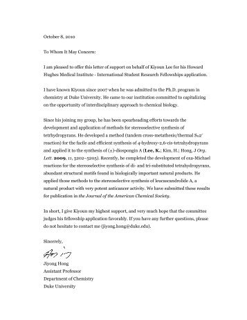 I am pleased to offer this letter of support on behalf of Kiyoun Lee for ...