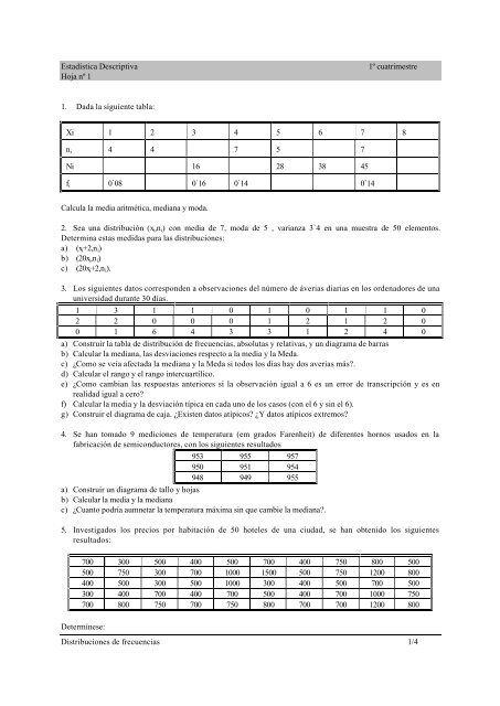 EstadÃ­stica Descriptiva 1Âº cuatrimestre Hoja nÂº 1 Distribuciones de ...