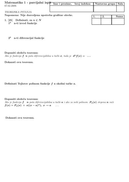 Matematika 1 - parcijalni ispit