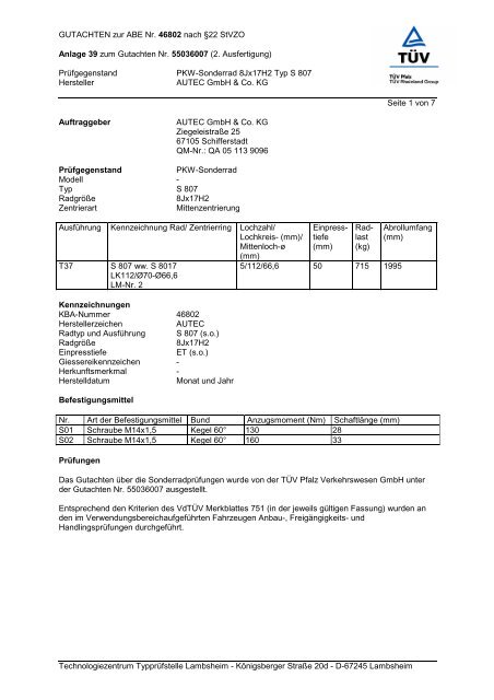 Gutachten zur ABE S 807 - AUTEC GmbH & Co. KG