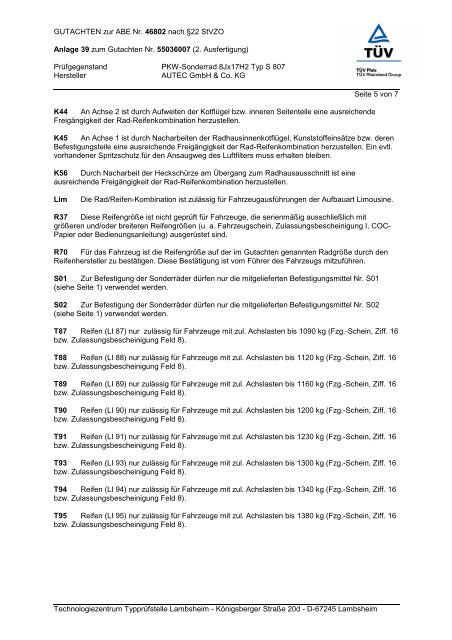 Gutachten zur ABE S 807 - AUTEC GmbH & Co. KG