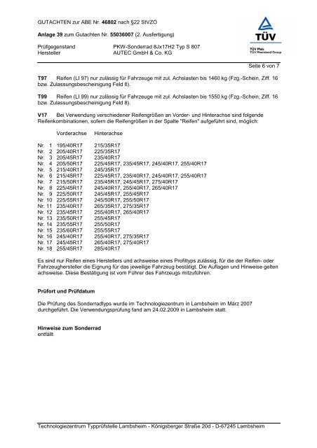 Gutachten zur ABE S 807 - AUTEC GmbH & Co. KG