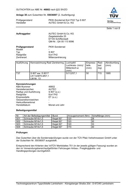 Gutachten zur ABE S 807 - AUTEC GmbH & Co. KG