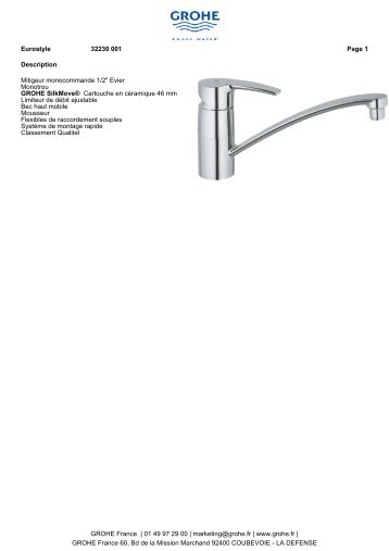 Description Mitigeur monocommande 1/2" Evier Monotrou GROHE ...