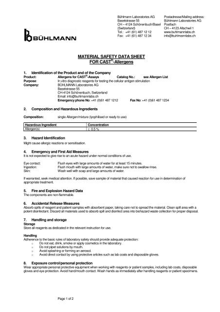 MATERIAL SAFETY DATA SHEET FOR CAST®-Allergens - ALPCO ...