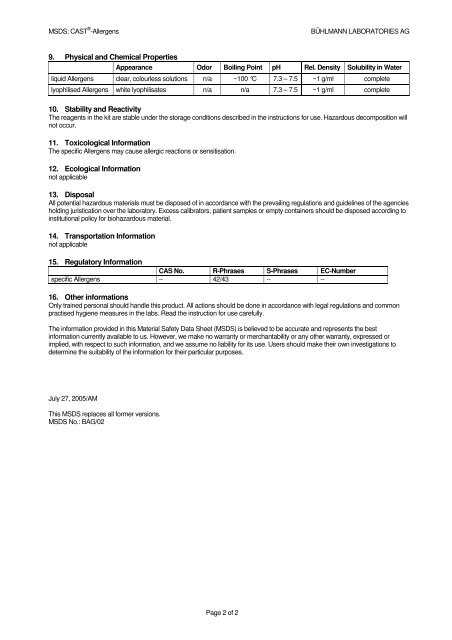 MATERIAL SAFETY DATA SHEET FOR CAST®-Allergens - ALPCO ...