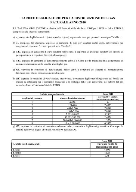 tariffe obbligatorie per la distribuzione del gas ... - Gruppo Somet