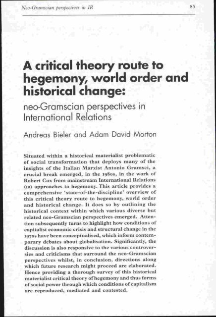 A critical theory route to hegemony, world order and historical change:.