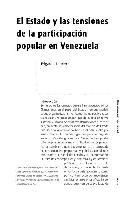 El Estado y las tensiones de la participaciÃ³n popular en Venezuela