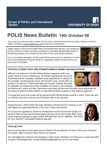 POLIS News Bulletin 14th October 08 - School of Politics ...