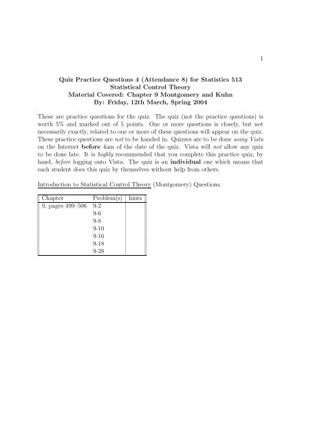 1 Quiz Practice Questions 4 (Attendance 8) for Statistics 513 ...