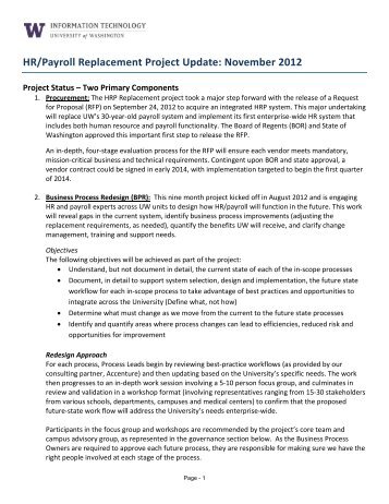 HR/Payroll Replacement Project Update - University of Washington