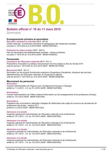 Bulletin officiel nÂ° 10 du 11 mars 2010 Sommaire