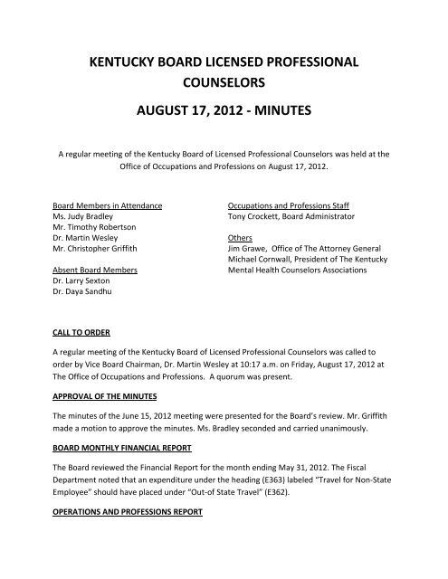Meeting Minutes, August 17, 2012 - Board of Licensed Professional ...