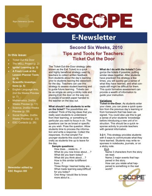 2nd Six Weeks Newsletter - Region 13