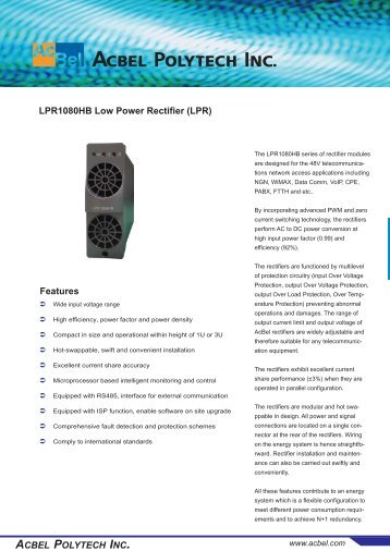 ACBEL POLYTECH INC. Features LPR1080HB Low Power Rectifier ...