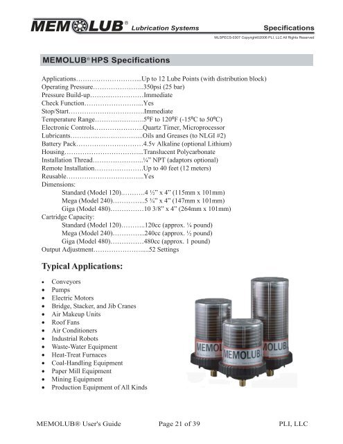 MEMOLUBÂ® User's Guide - PLI, LLC