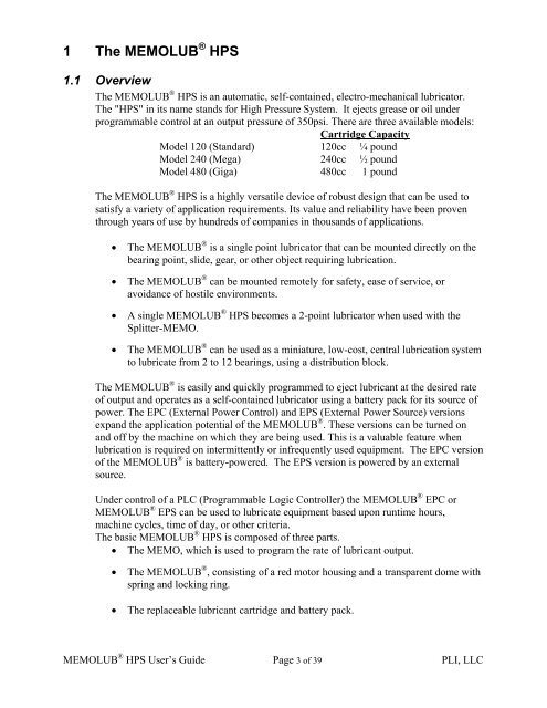 MEMOLUBÂ® User's Guide - PLI, LLC