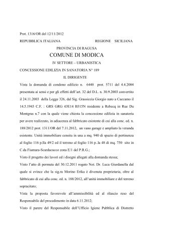 conc. ed. in sanatoria n. 189-2012.pdf - Comune di Modica
