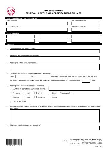 General Health (Non Specific) Questionnaire - AIA Singapore