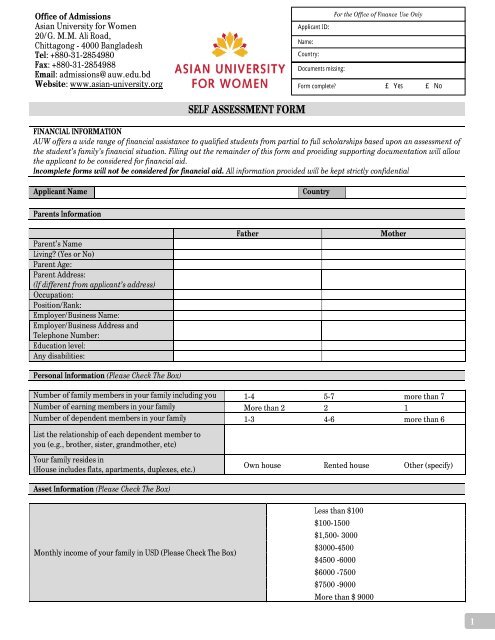 SELF ASSESSMENT FORM - Asian University for Women