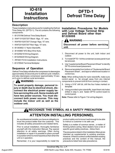 Installation Instructions DFTD-1 Defrost Time Delay