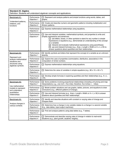 Fourth Grade Math Standards and Benchmarks