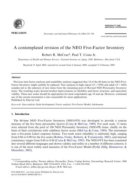 A Contemplated Revision Of The Neo Five Factor Inventory