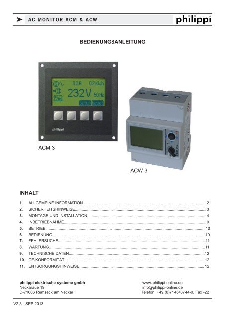 INHALT BEDIENUNGSANLEITUNG ACM 3 ACW 3 - Philippi