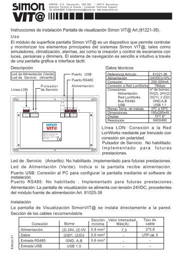 Instrucciones de instalaciÃ³n de la Pantalla de visualizaciÃ³n Simon VIT