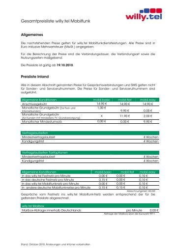 Gesamtpreisliste wilhelm.tel - Willy.Tel